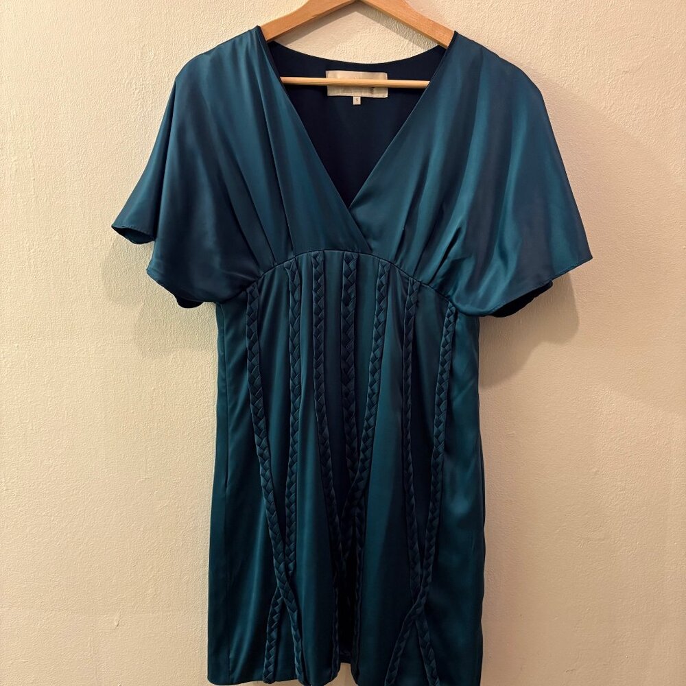 Stella McCartney teal silk charmeuse mini dress with cape sleeves & applique